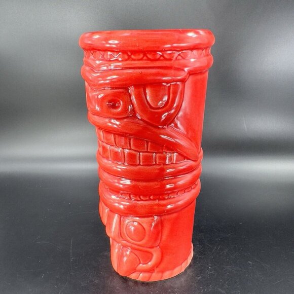 Large Ceramic Tiki God Vase Vessel Drinking Cup Red Glazed Porcelain Decor Vtg - Picture 12 of 15
